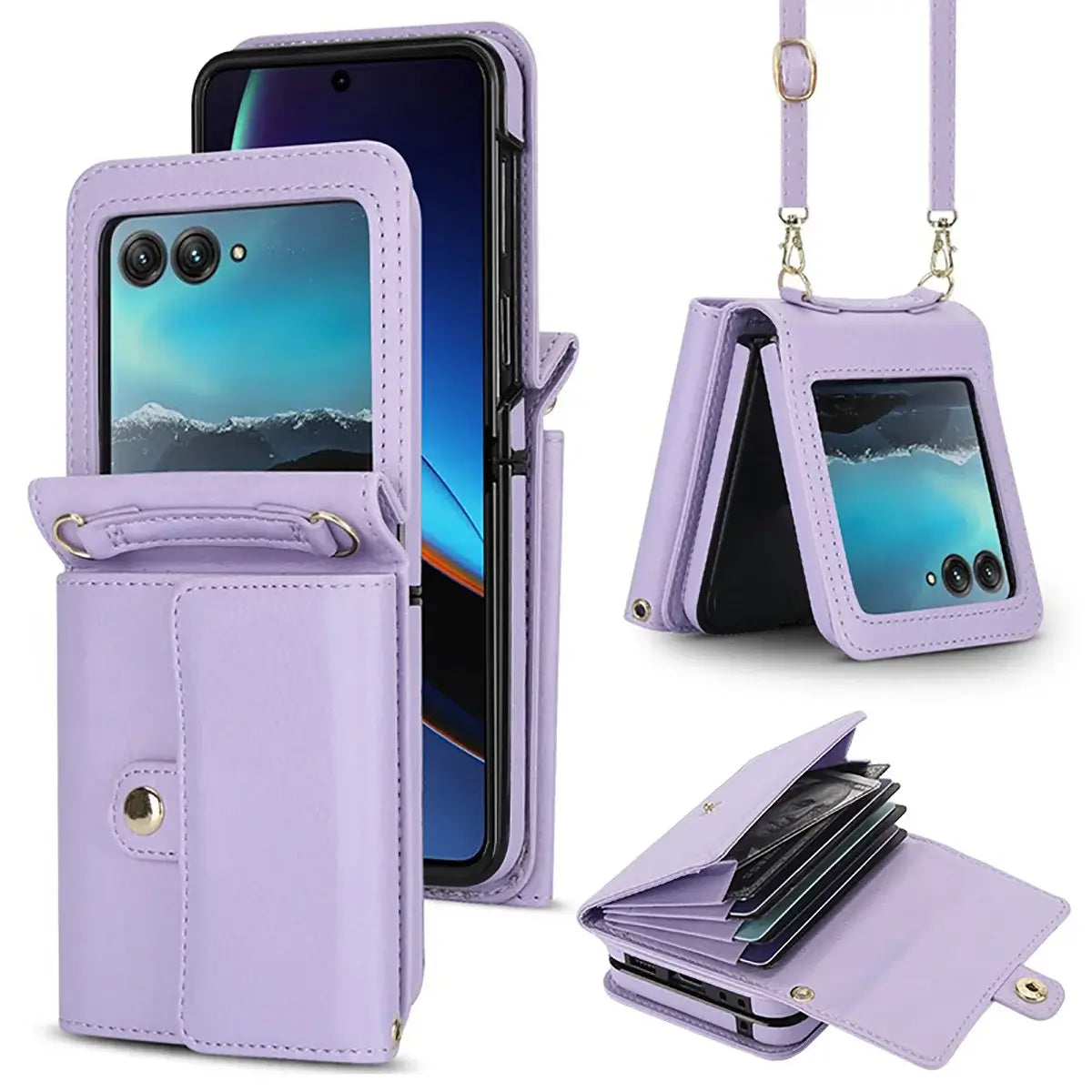Buy Motorola Moto Razr Crossbody Wallet Case, RFID Blocking Leather Cover with Detachable Strap & Card Slots - IRIS at Caseles-Motorola Razr Ultra (2025), Light Purple