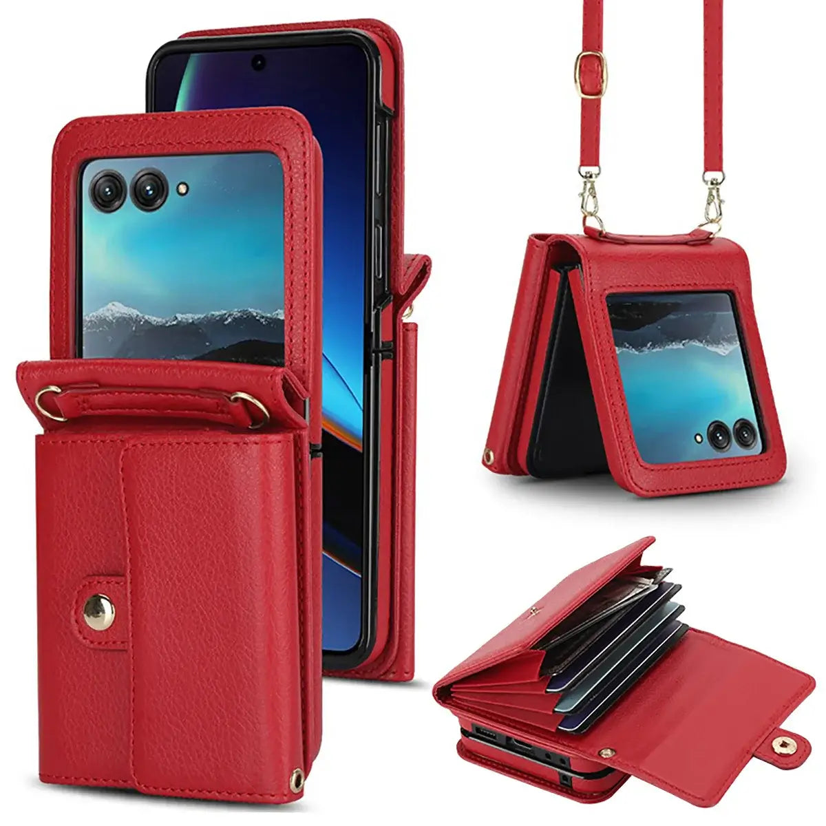Buy Motorola Moto Razr Crossbody Wallet Case, RFID Blocking Leather Cover with Detachable Strap & Card Slots - IRIS at Caseles-Motorola Razr Ultra (2025), Red