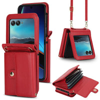 Buy Motorola Moto Razr Crossbody Wallet Case, RFID Blocking Leather Cover with Detachable Strap & Card Slots - IRIS at Caseles-Motorola Razr Ultra (2025), Red