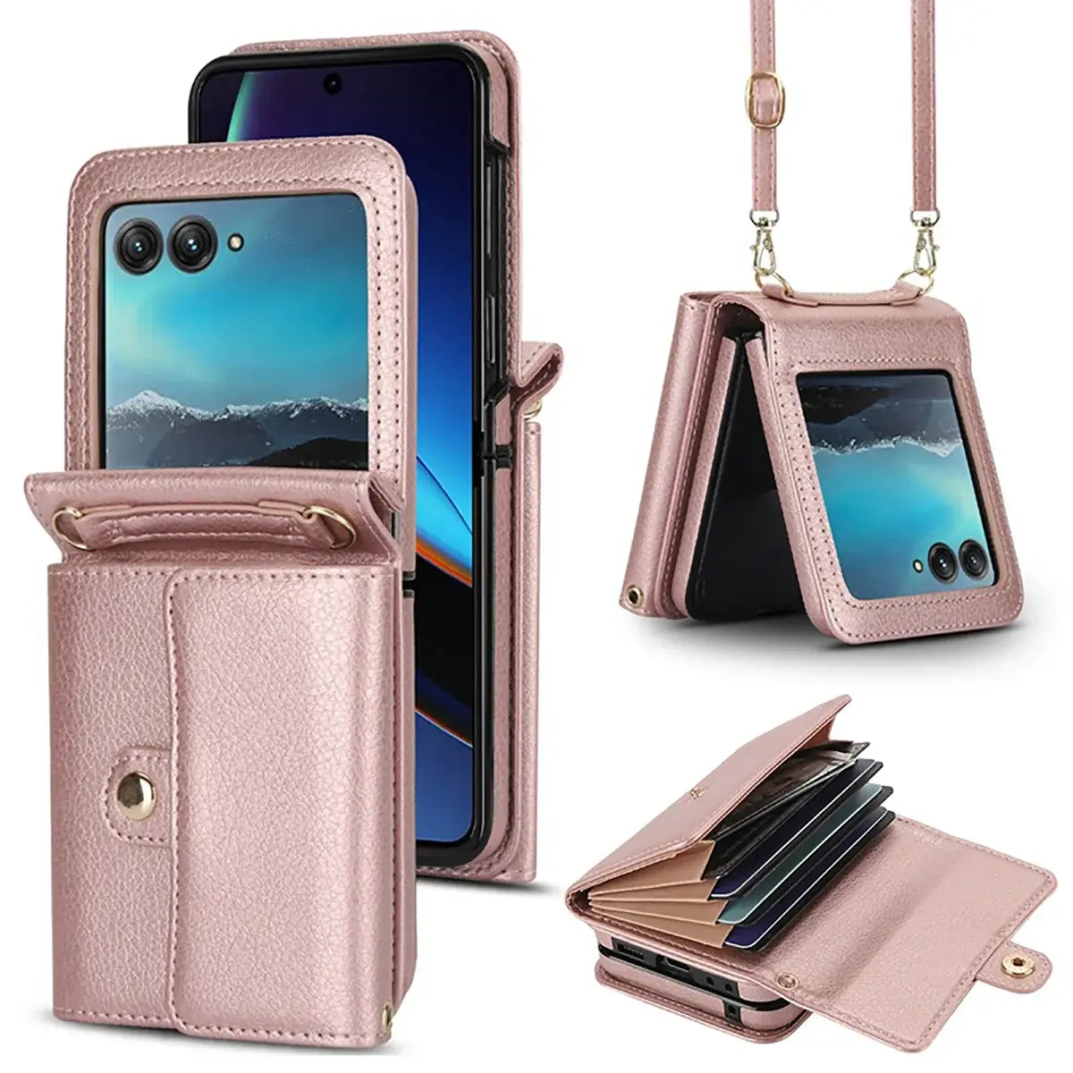 Buy Motorola Moto Razr Crossbody Wallet Case, RFID Blocking Leather Cover with Detachable Strap & Card Slots - IRIS at Caseles-Motorola Razr Ultra (2025), Rose Gold