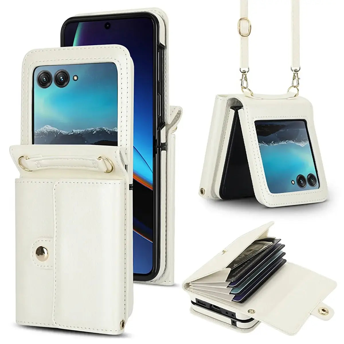 Buy Motorola Moto Razr Crossbody Wallet Case, RFID Blocking Leather Cover with Detachable Strap & Card Slots - IRIS at Caseles-Motorola Razr Ultra (2025), White