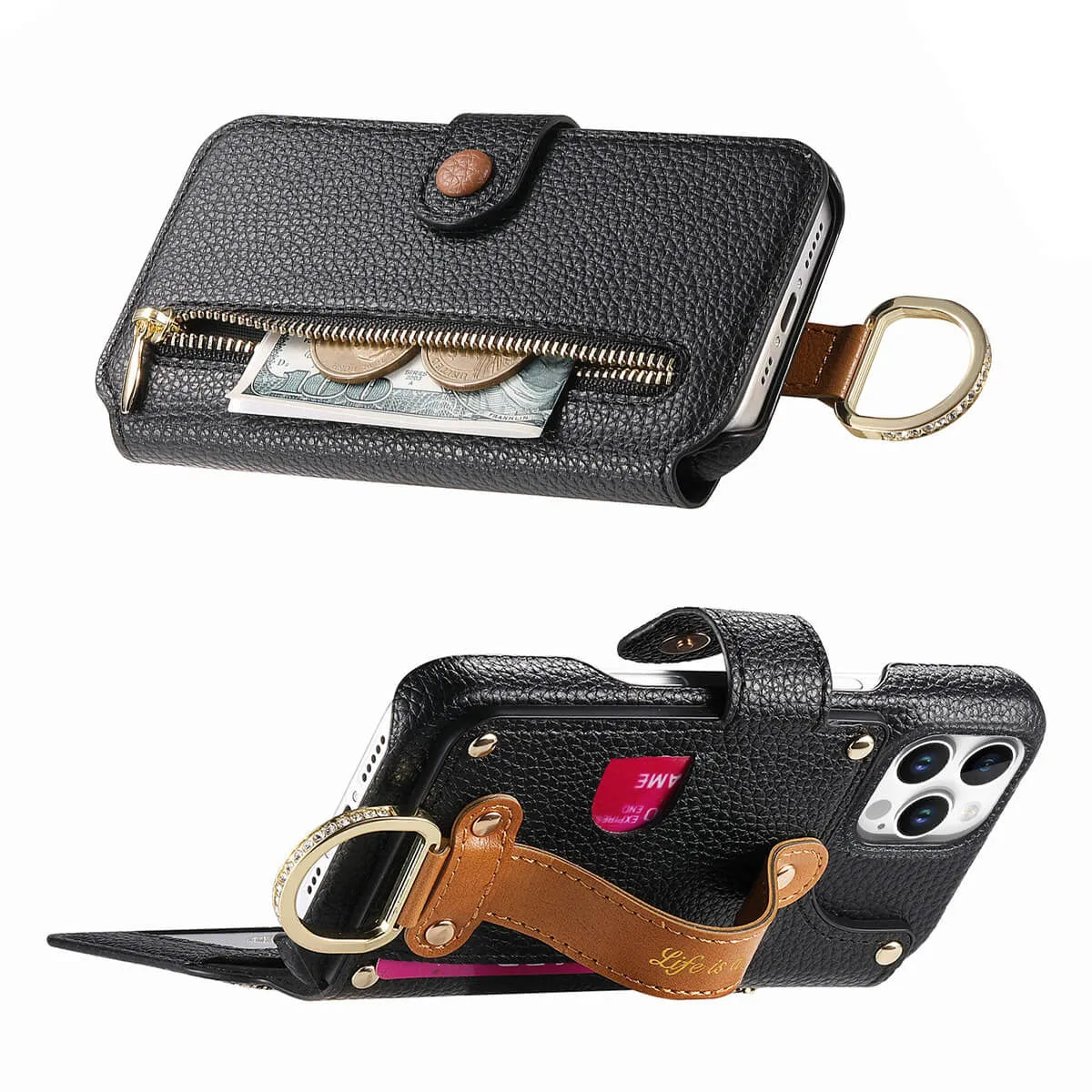 Buy Caseles Leather Case for iPhone with Wrist Strap Flip Cover with Ring RFID Blocking Zipper Wallet Cover for Women,Jessica at Caseles-iPhone 16 Pro Max, Black