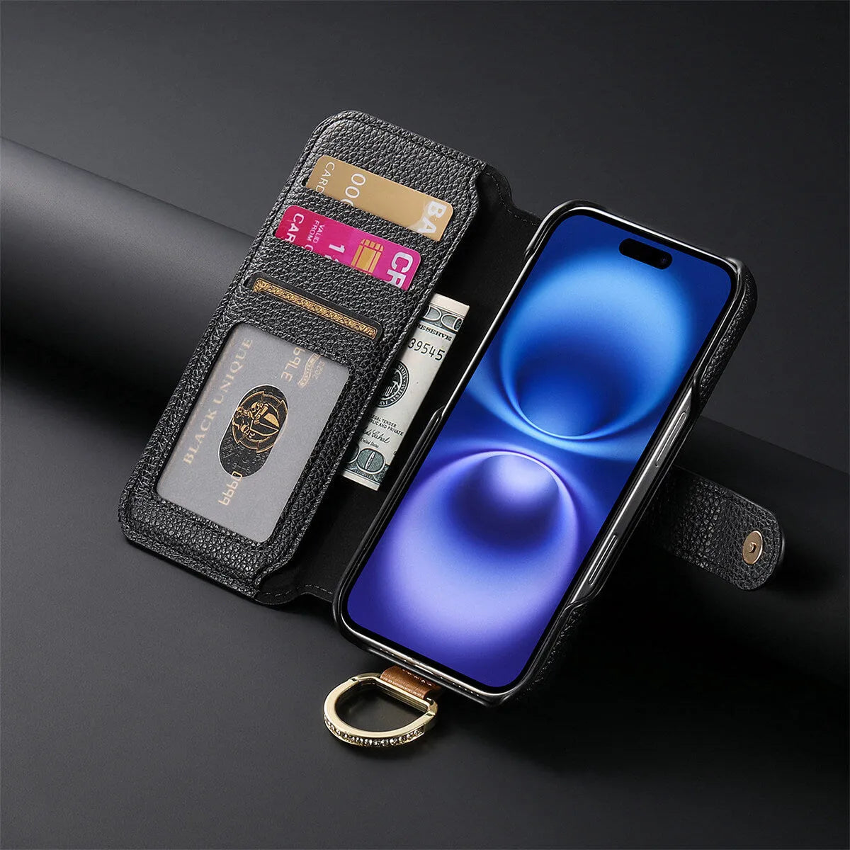 Buy Caseles Leather Case for iPhone with Wrist Strap Flip Cover with Ring RFID Blocking Zipper Wallet Cover for Women,Jessica at Caseles-iPhone 16 Pro Max, Black
