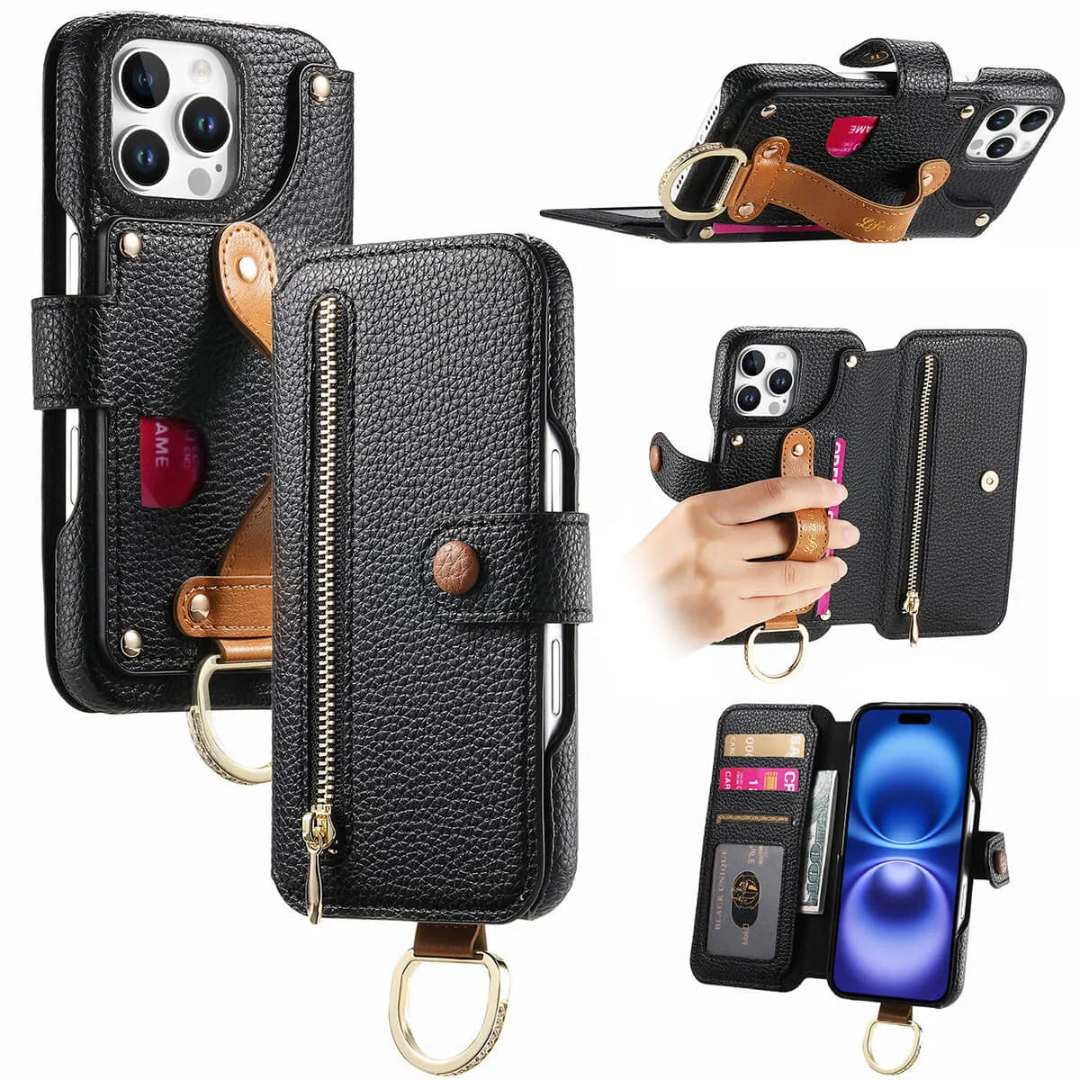 Buy Caseles Leather Case for iPhone with Wrist Strap Flip Cover with Ring RFID Blocking Zipper Wallet Cover for Women,Jessica at Caseles-iPhone 16 Pro Max, Black