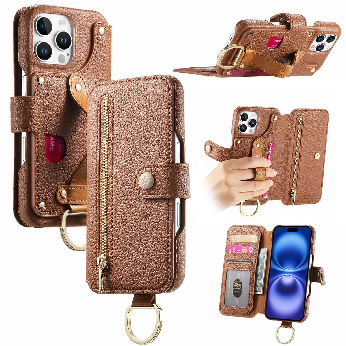 Buy Caseles Leather Case for iPhone with Wrist Strap Flip Cover with Ring RFID Blocking Zipper Wallet Cover for Women,Jessica at Caseles-iPhone 16 Pro Max, Brown