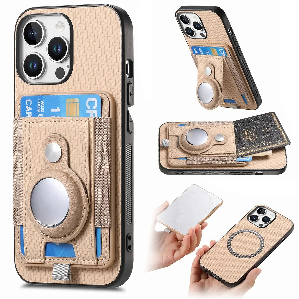 Buy Magnetic Wallet Case with Built-in AirTag Holder, Detachable Card Slot, Kickstand & Full-Body Protection - Josiah at Caseles-iPhone 16 Pro Max, Beige