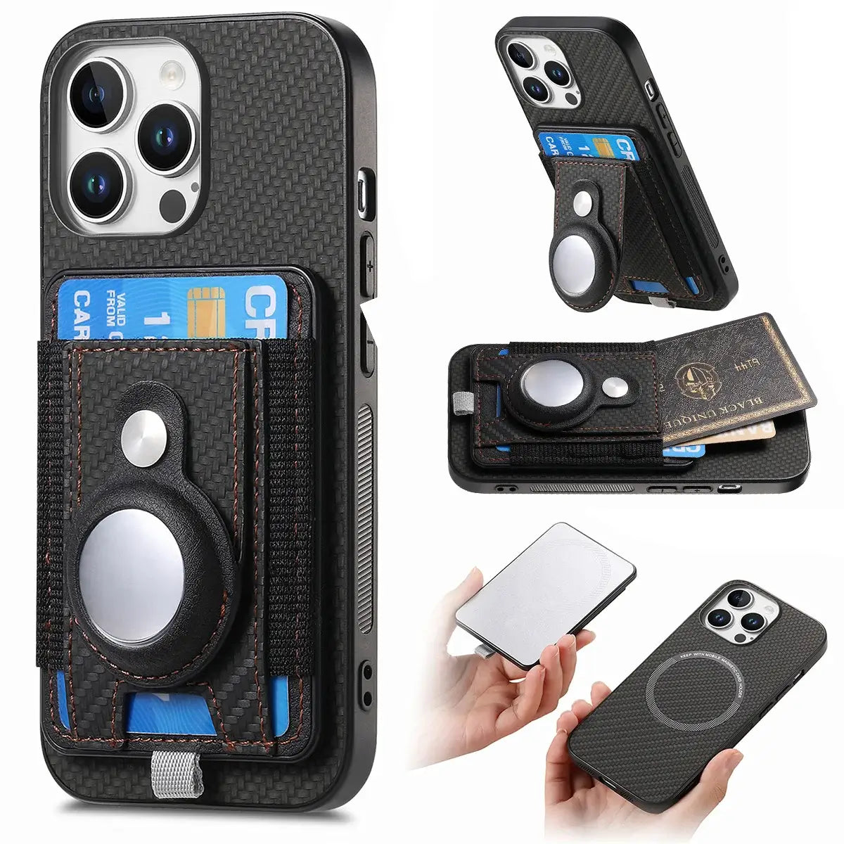 Buy Magnetic Wallet Case with Built-in AirTag Holder, Detachable Card Slot, Kickstand & Full-Body Protection - Josiah at Caseles-iPhone 16 Pro Max, Black