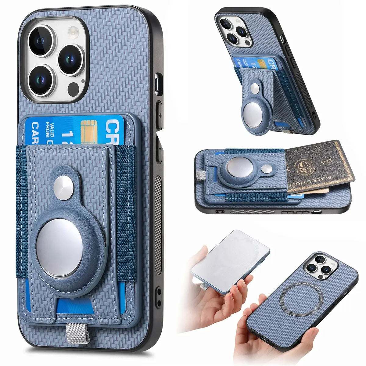 Buy Magnetic Wallet Case with Built-in AirTag Holder, Detachable Card Slot, Kickstand & Full-Body Protection - Josiah at Caseles-iPhone 16 Pro Max, Blue
