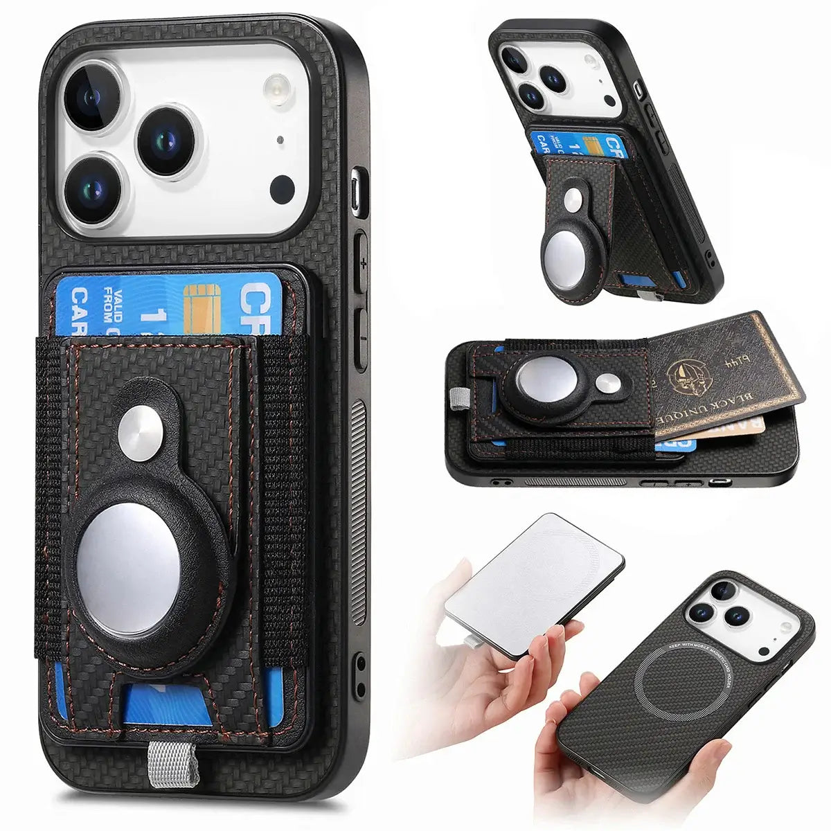 Buy Magnetic Wallet Case with Built-in AirTag Holder, Detachable Card Slot, Kickstand & Full-Body Protection - Josiah at Caseles-iPhone 17 Pro Max, Black