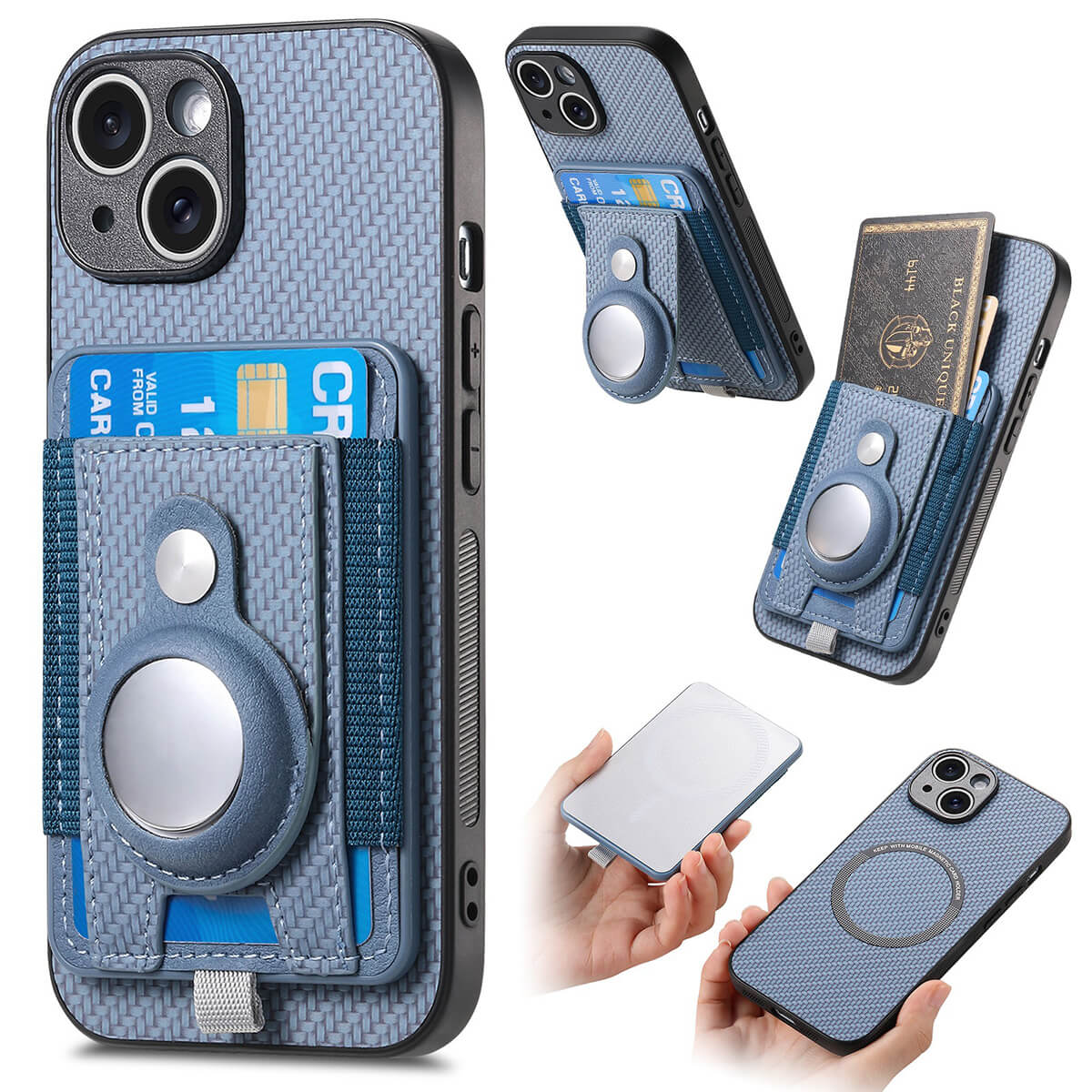 Buy Magnetic Wallet Case with Built-in AirTag Holder, Detachable Card Slot, Kickstand & Full-Body Protection - Josiah at Caseles-iPhone 17 Pro Max, Blue