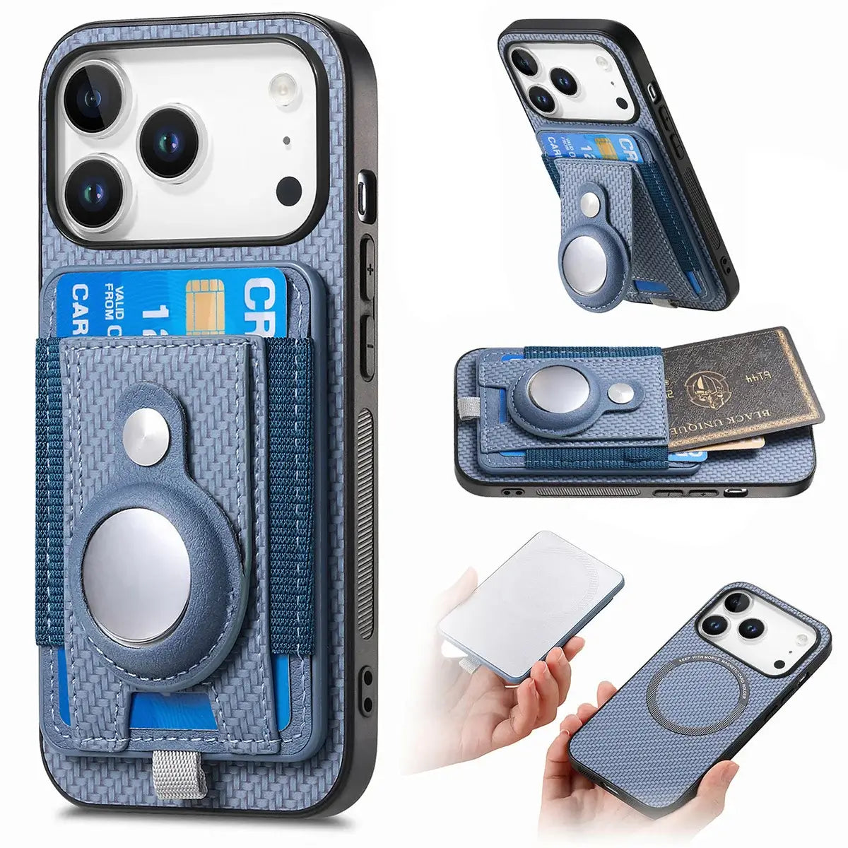 Buy Magnetic Wallet Case with Built-in AirTag Holder, Detachable Card Slot, Kickstand & Full-Body Protection - Josiah at Caseles-iPhone 17 Pro Max, Blue