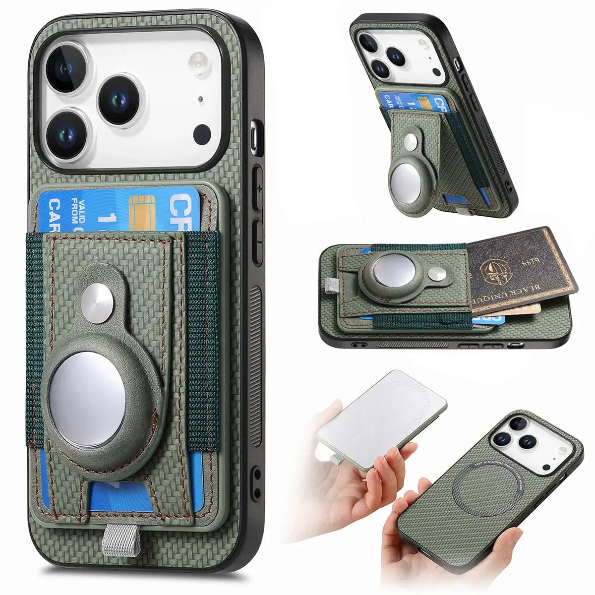Buy Magnetic Wallet Case with Built-in AirTag Holder, Detachable Card Slot, Kickstand & Full-Body Protection - Josiah at Caseles-iPhone 17 Pro Max, Green