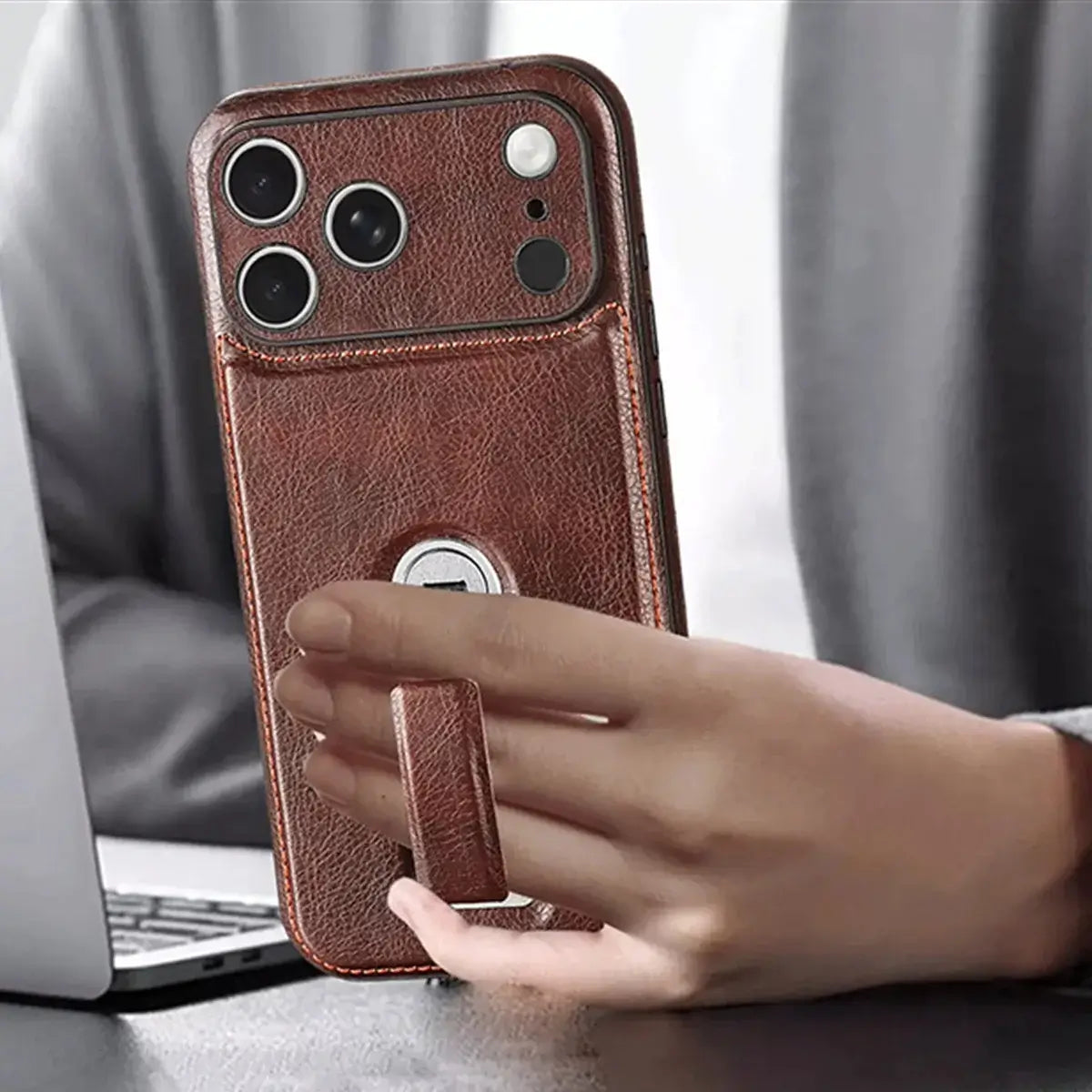 Buy Premium MagSafe Leather Case with 360° Rotatable Stand & Wrist Strap - Julian at Caseles-iPhone 18 Pro Max, Brown