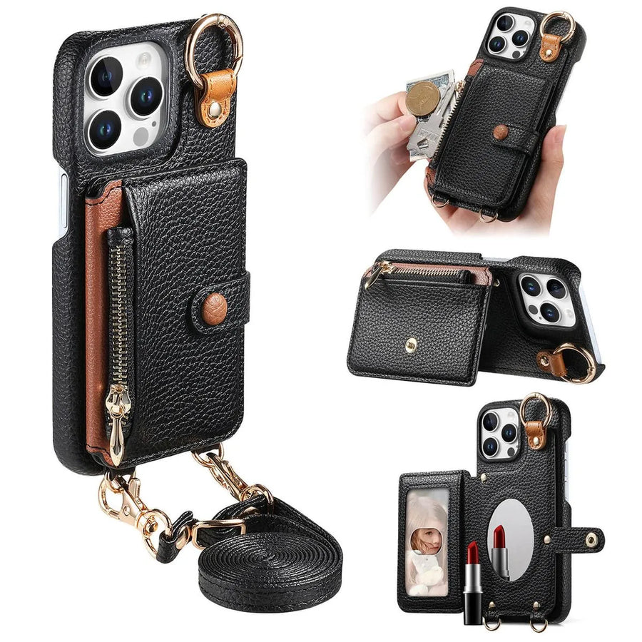Buy Leather Crossbody Wallet Case with Mirror, Card Slots, Stand & Shockproof Shell for iPhone - Kaylee at Caseles-iPhone 16 Pro Max, Black