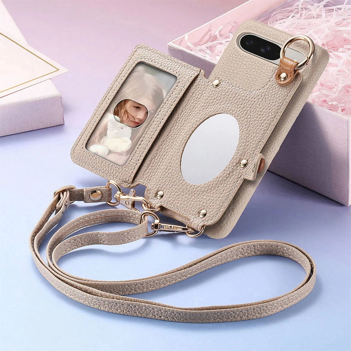 Buy Leather Crossbody Wallet Case with Mirror, Card Slots, Stand & Shockproof Shell for Google Pixel - Kylie at Caseles-Google Pixel 9 Pro XL, Black