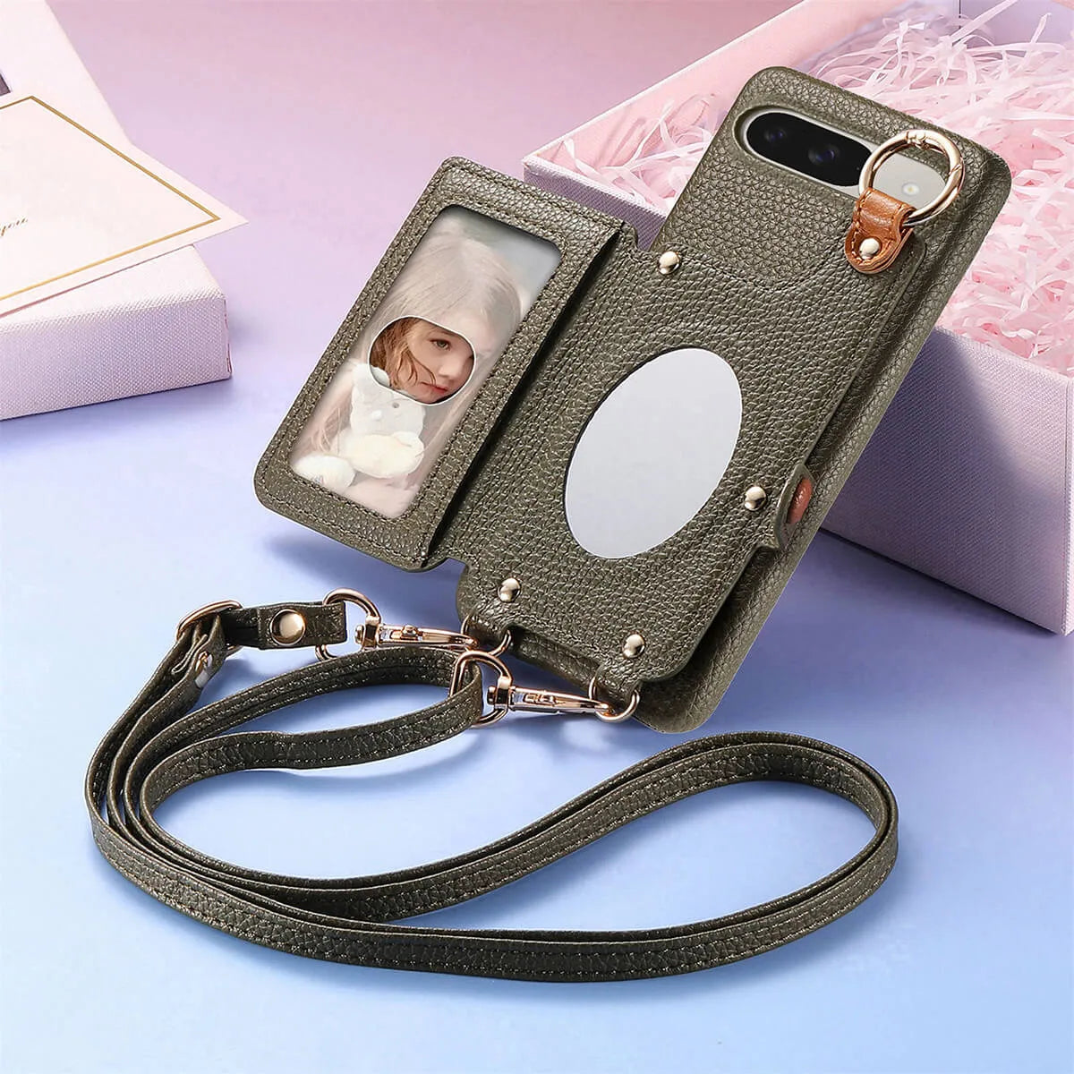 Buy Leather Crossbody Wallet Case with Mirror, Card Slots, Stand & Shockproof Shell for Google Pixel - Kylie at Caseles-Google Pixel 9 Pro XL, Black