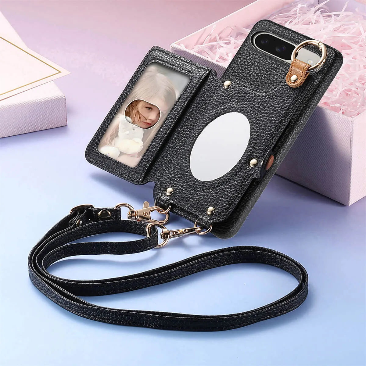 Buy Leather Crossbody Wallet Case with Mirror, Card Slots, Stand & Shockproof Shell for Google Pixel - Kylie at Caseles-Google Pixel 9 Pro XL, Black