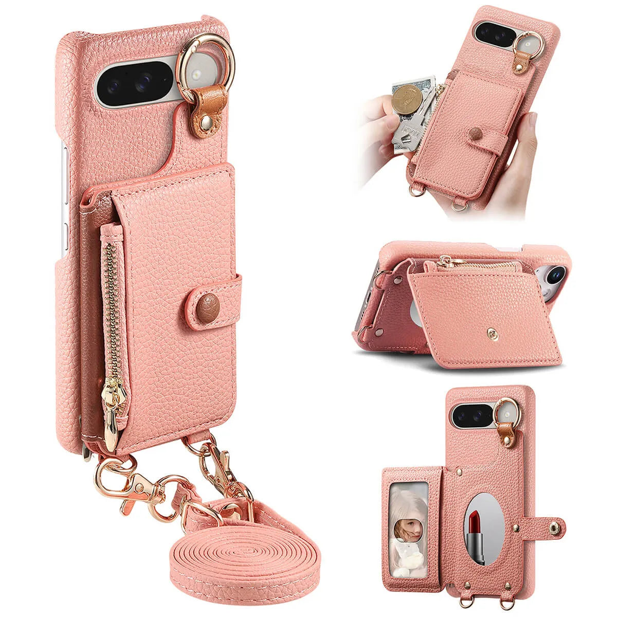 Buy Leather Crossbody Wallet Case with Mirror, Card Slots, Stand & Shockproof Shell for Google Pixel - Kylie at Caseles-Google Pixel 9 Pro XL, Black