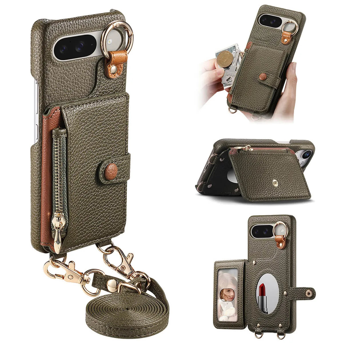 Buy Leather Crossbody Wallet Case with Mirror, Card Slots, Stand & Shockproof Shell for Google Pixel - Kylie at Caseles-Google Pixel 9 Pro XL, Green