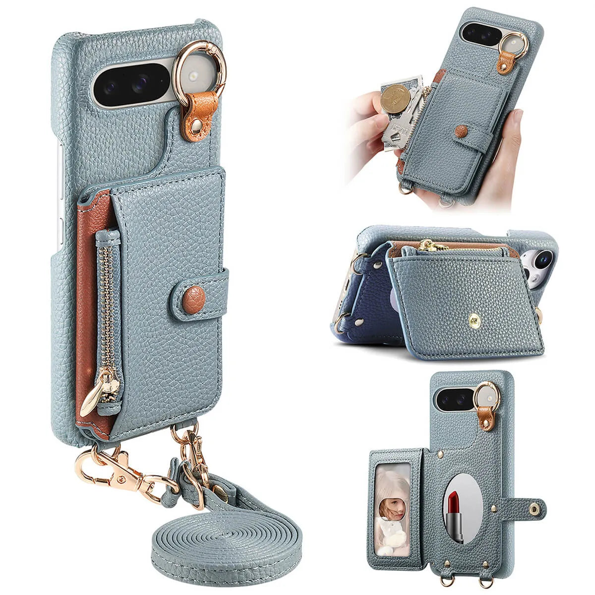 Buy Leather Crossbody Wallet Case with Mirror, Card Slots, Stand & Shockproof Shell for Google Pixel - Kylie at Caseles-Google Pixel 9 Pro XL, Light Blue