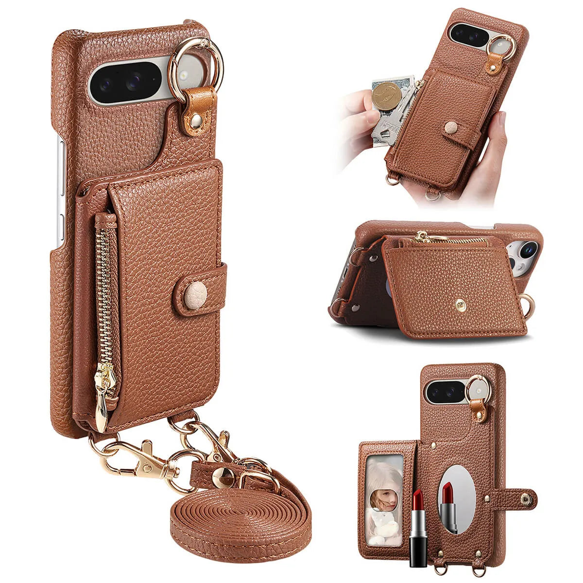 Buy Leather Crossbody Wallet Case with Mirror, Card Slots, Stand & Shockproof Shell for Google Pixel - Kylie at Caseles-Google Pixel 9 Pro XL, Pink