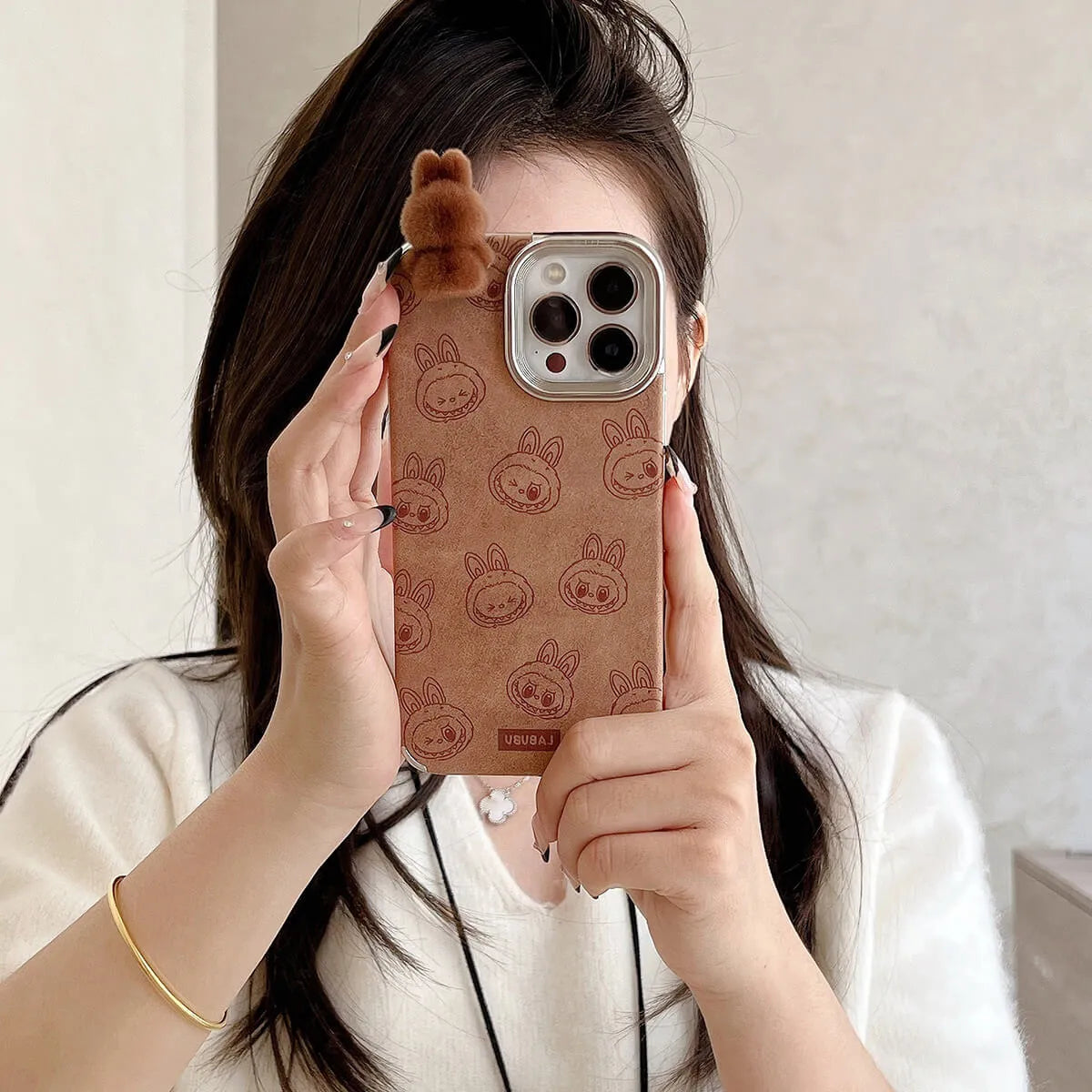 Buy 3D Cartoon Labubu Plush Flannel Phone Case for iPhone with Strap - Labubu at Caseles-iPhone 16 Pro Max, 