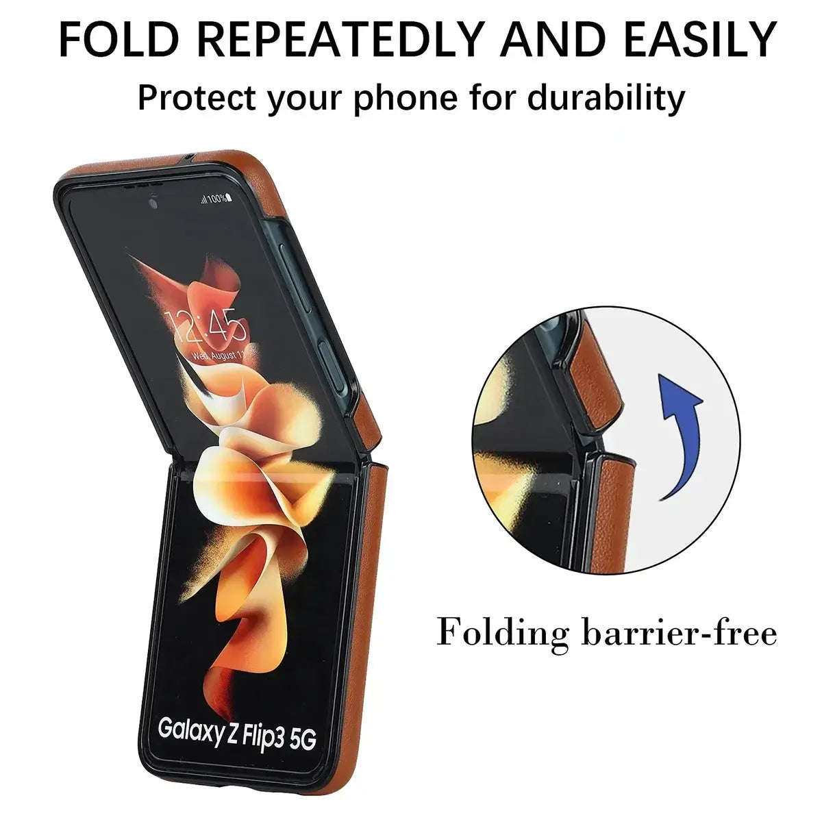 Buy Skin-Touch Leather Flip Case for Galaxy Z Flip, 360° Slim Full Protection Cover , Lanie at Caseles-Samsung Galaxy Z Flip 7, Black