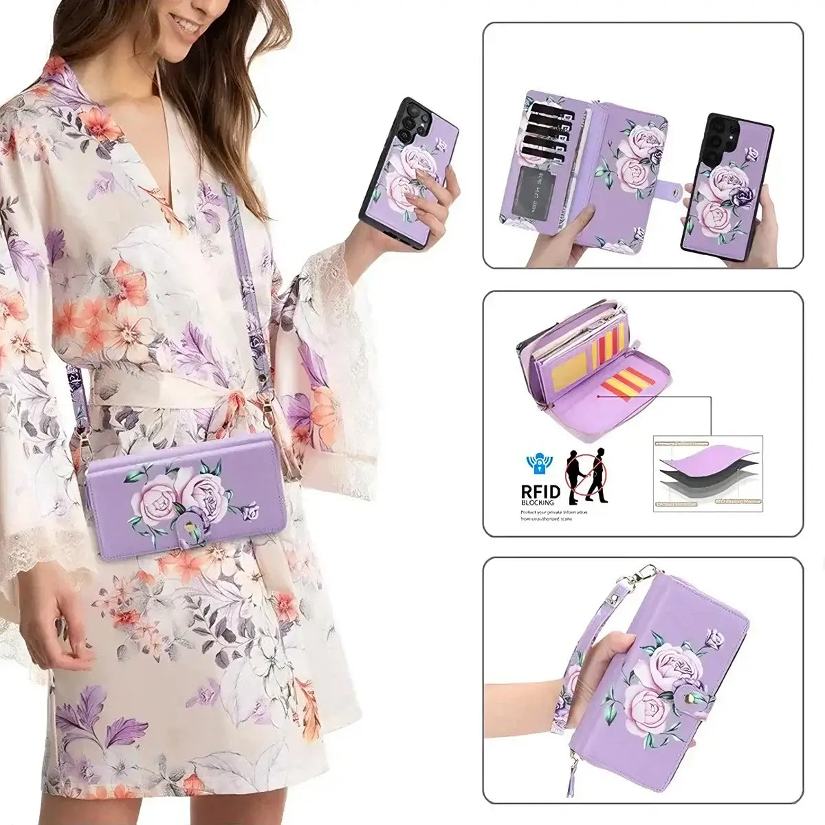 Buy 2-in-1 Floral Armor for Galaxy S: 15 Card Slots, Anti-Spy Shield, RFID Protection & MagSafe - Lana at Caseles-Samsung Galaxy S26 Ultra, Black