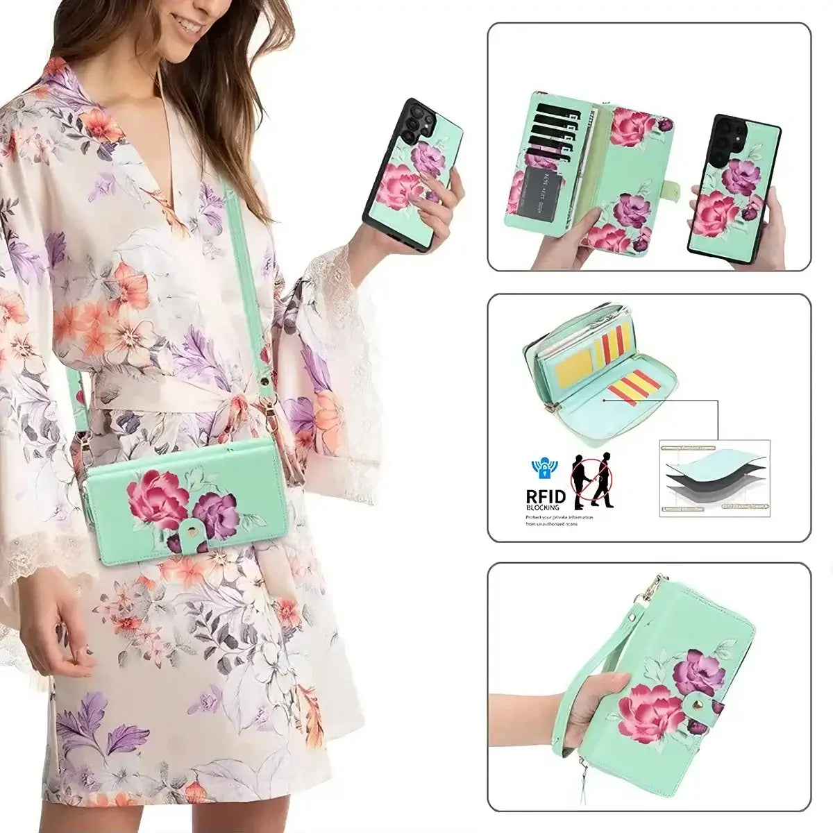 Buy 2-in-1 Floral Armor for Galaxy S: 15 Card Slots, Anti-Spy Shield, RFID Protection & MagSafe - Lana at Caseles-Samsung Galaxy S26 Ultra, Black