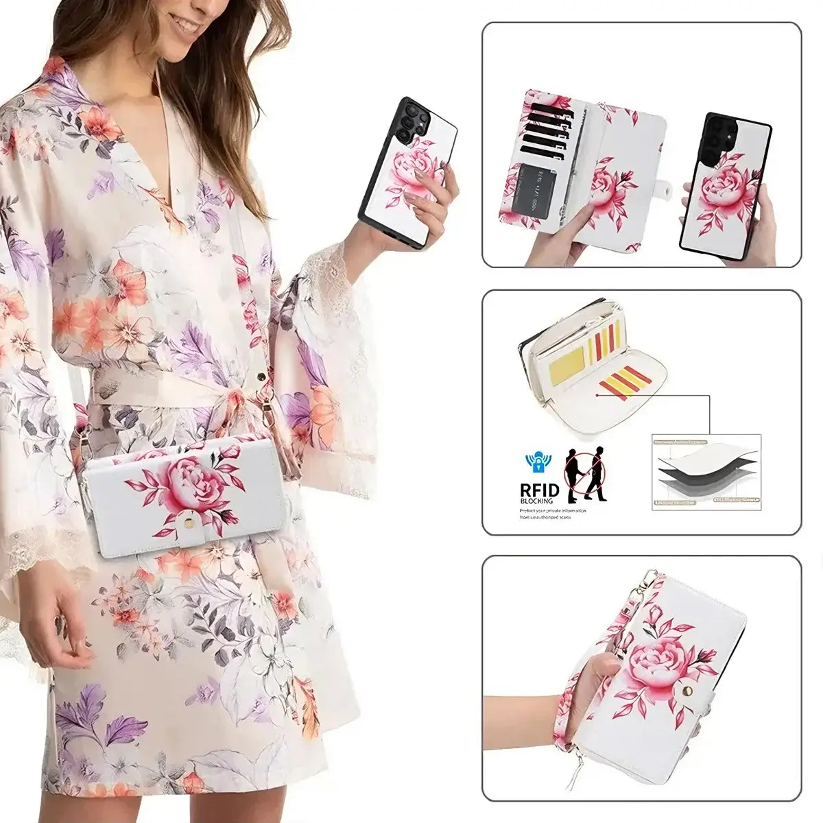 Buy 2-in-1 Floral Armor for Galaxy S: 15 Card Slots, Anti-Spy Shield, RFID Protection & MagSafe - Lana at Caseles-Samsung Galaxy S26 Ultra, Black