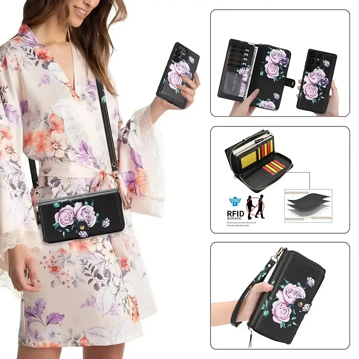 Buy 2-in-1 Floral Armor for Galaxy S: 15 Card Slots, Anti-Spy Shield, RFID Protection & MagSafe - Lana at Caseles-Samsung Galaxy S26 Ultra, Black