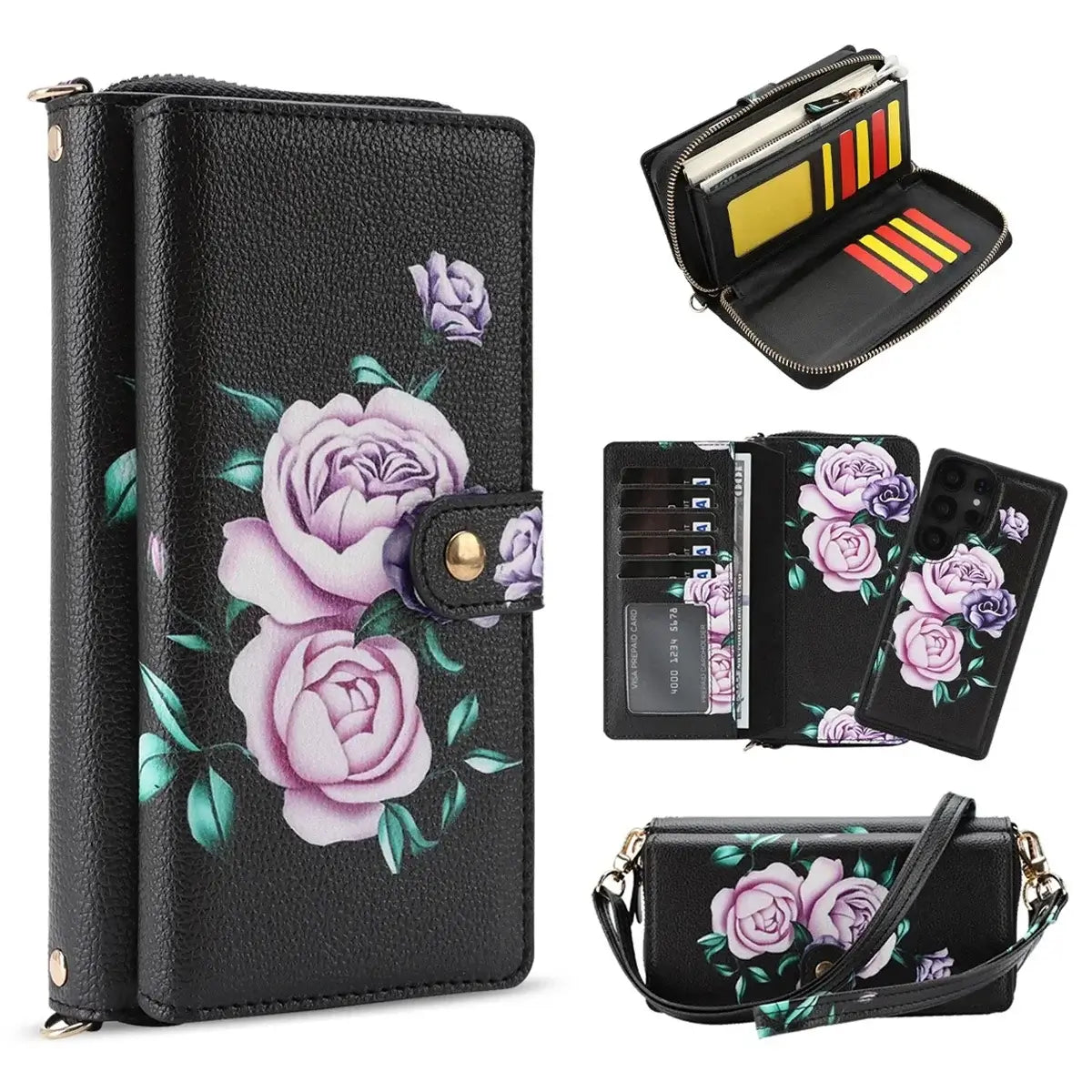 Buy 2-in-1 Floral Armor for Galaxy S: 15 Card Slots, Anti-Spy Shield, RFID Protection & MagSafe - Lana at Caseles-Samsung Galaxy S26 Ultra, Black