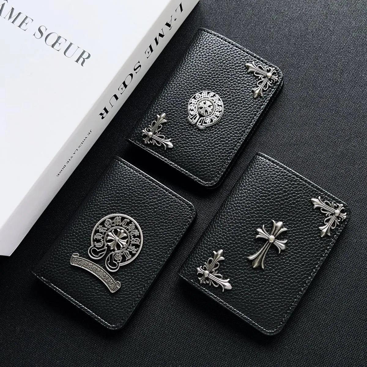 Buy Chrome Hearts Black Leather Wallet for Men with Card Slots, Zipper Coin Pocket & Snap Closure - LEATHER EMBOSSED WALLET at Caseles-Style 1, 