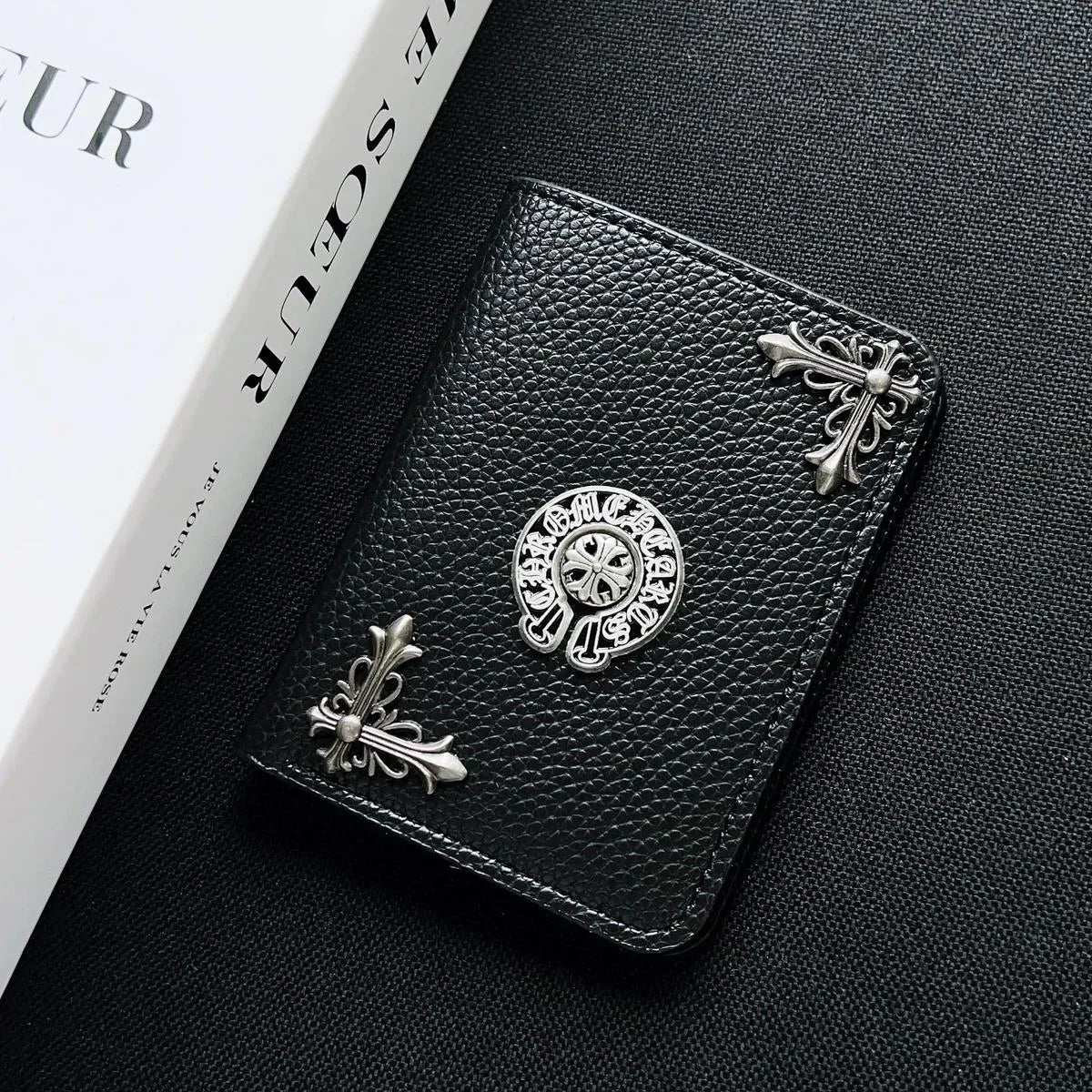 Buy Chrome Hearts Black Leather Wallet for Men with Card Slots, Zipper Coin Pocket & Snap Closure - LEATHER EMBOSSED WALLET at Caseles-Style 1, 