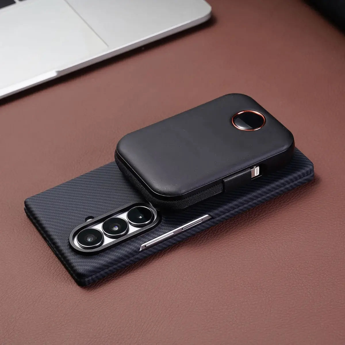 Buy Slim carbon fiber texture case for Galaxy Z Fold 8. Built-in screen protector & strong magnets for MagSafe charging. Precise fit, zero bulk. - LEO at Caseles-Samsung Galaxy Z Fold 8 Ultra, Black