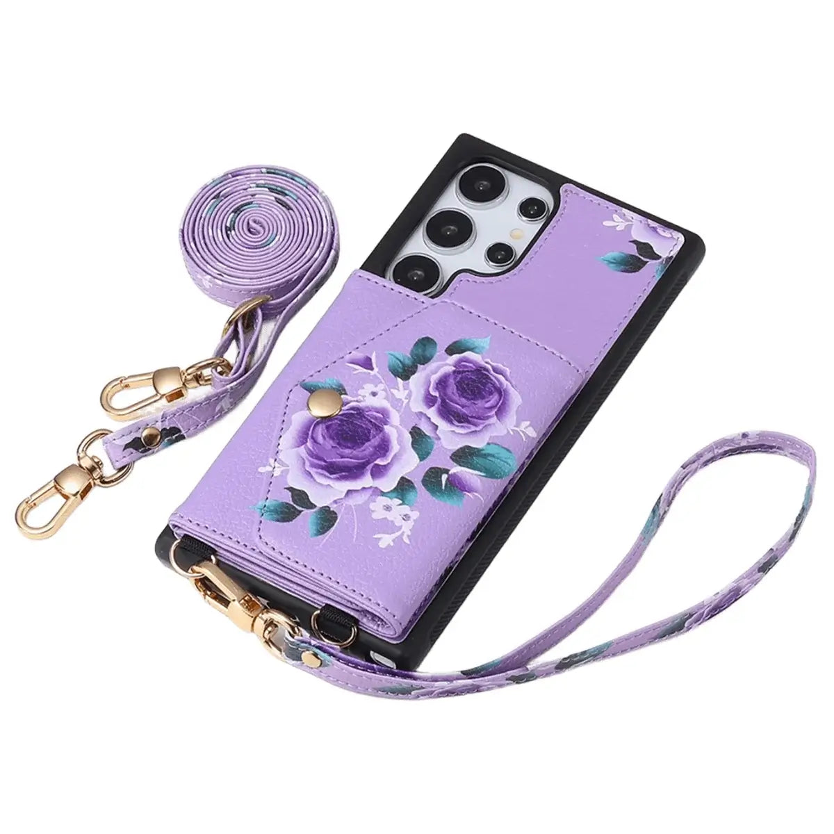 Buy Floral Wallet Case for Galaxy phone: RFID Blocking, Makeup Mirror, Card Holder & Crossbody Strap - Linden at Caseles-Samsung Galaxy S26 Ultra, Black