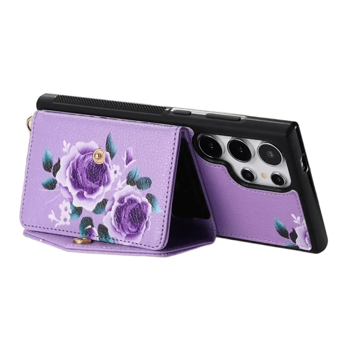 Buy Floral Wallet Case for Galaxy phone: RFID Blocking, Makeup Mirror, Card Holder & Crossbody Strap - Linden at Caseles-Samsung Galaxy S26 Ultra, Black