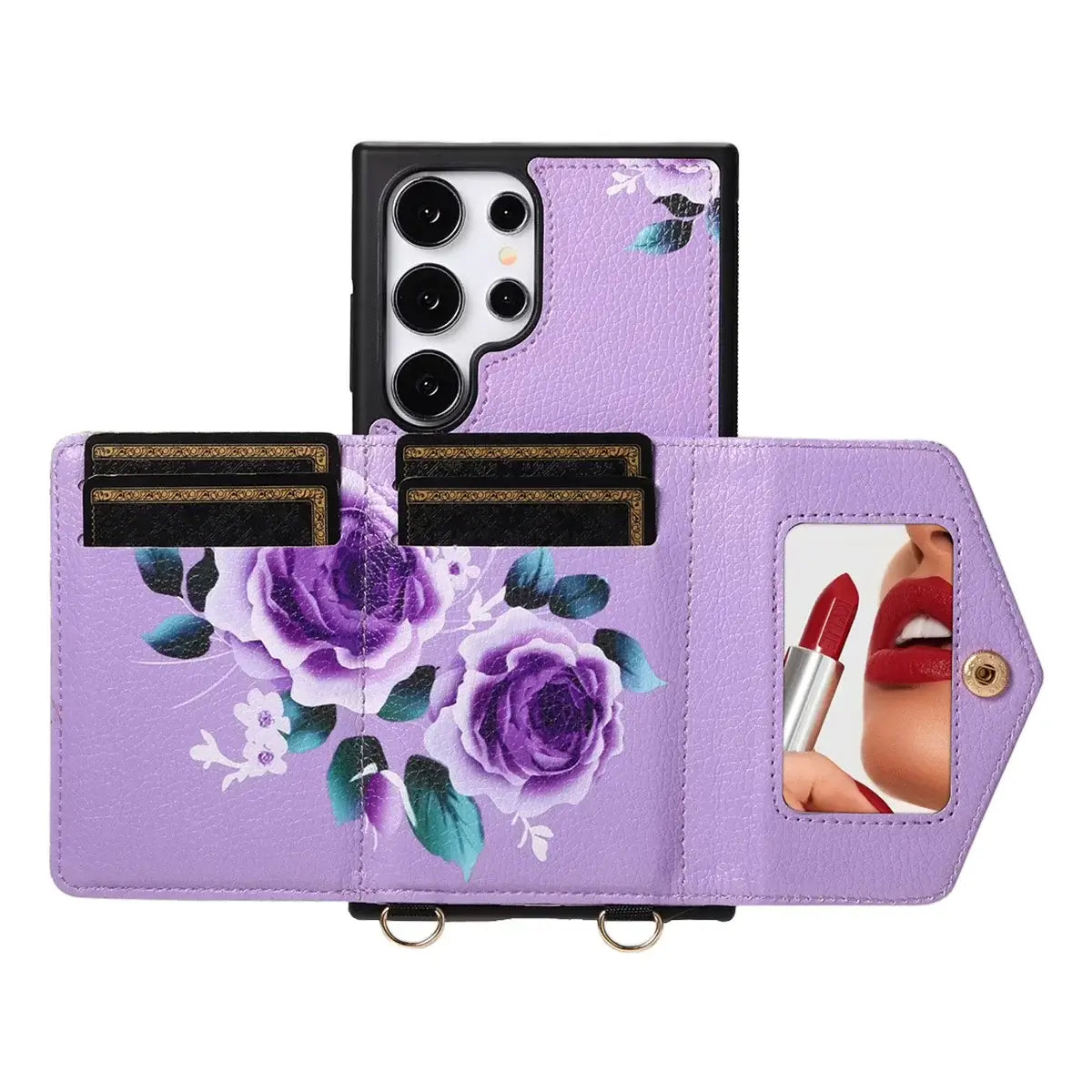 Buy Floral Wallet Case for Galaxy phone: RFID Blocking, Makeup Mirror, Card Holder & Crossbody Strap - Linden at Caseles-Samsung Galaxy S26 Ultra, Black