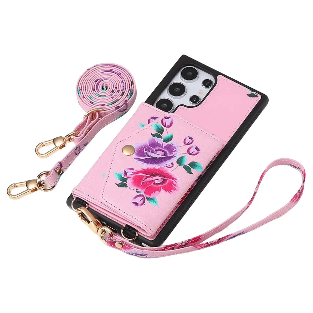 Buy Floral Wallet Case for Galaxy phone: RFID Blocking, Makeup Mirror, Card Holder & Crossbody Strap - Linden at Caseles-Samsung Galaxy S26 Ultra, Black