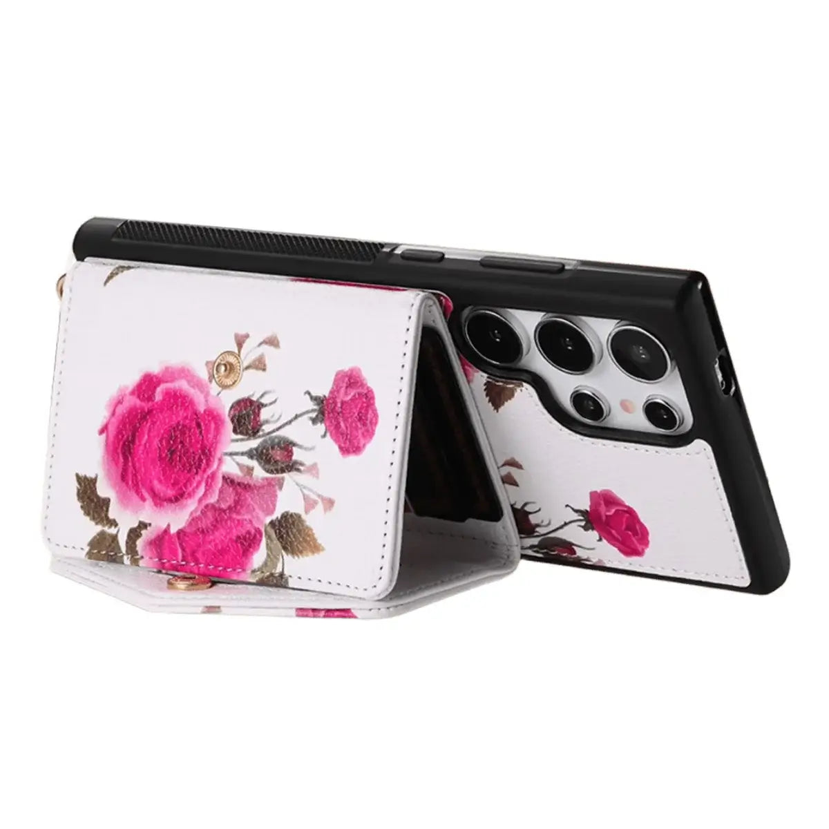 Buy Floral Wallet Case for Galaxy phone: RFID Blocking, Makeup Mirror, Card Holder & Crossbody Strap - Linden at Caseles-Samsung Galaxy S26 Ultra, Black
