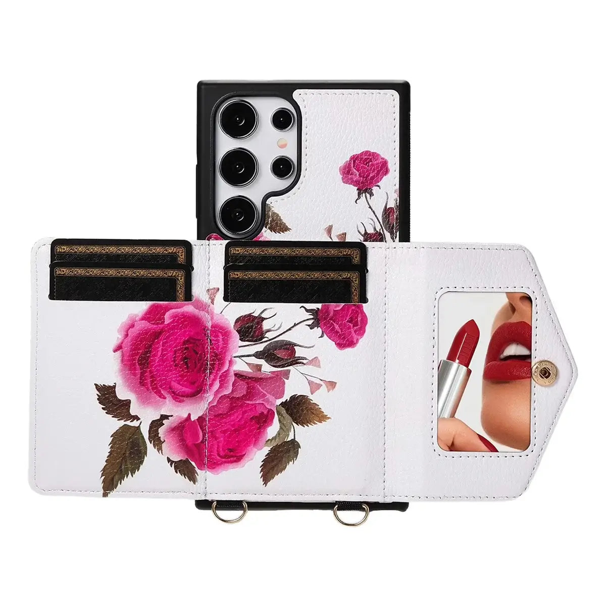 Buy Floral Wallet Case for Galaxy phone: RFID Blocking, Makeup Mirror, Card Holder & Crossbody Strap - Linden at Caseles-Samsung Galaxy S26 Ultra, Black