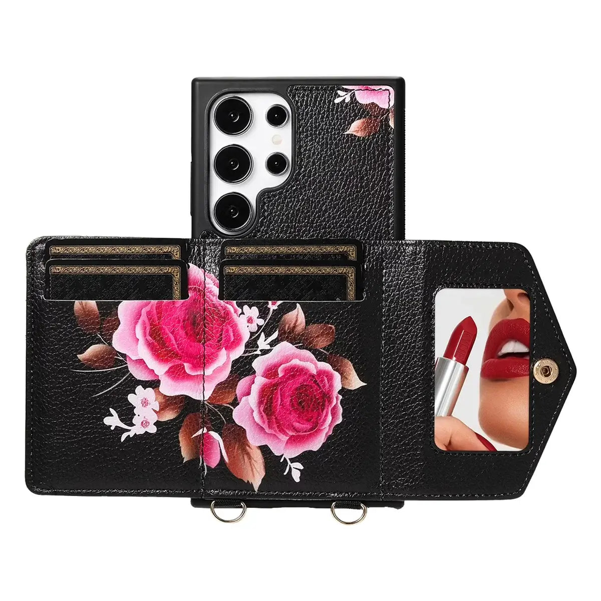 Buy Floral Wallet Case for Galaxy phone: RFID Blocking, Makeup Mirror, Card Holder & Crossbody Strap - Linden at Caseles-Samsung Galaxy S26 Ultra, Black