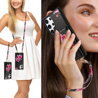 Buy Floral Wallet Case for Galaxy phone: RFID Blocking, Makeup Mirror, Card Holder & Crossbody Strap - Linden at Caseles-Samsung Galaxy S26 Ultra, Black