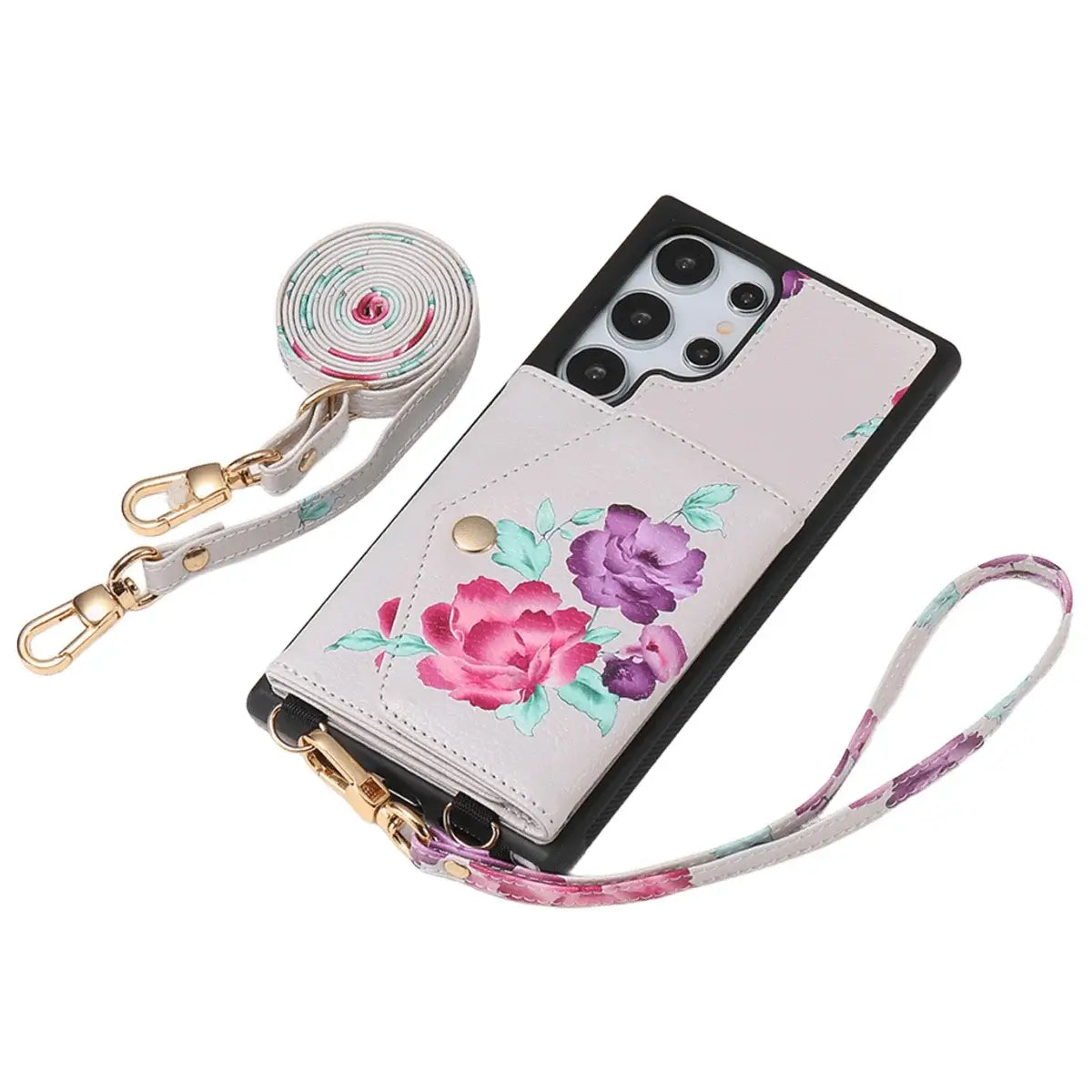 Buy Floral Wallet Case for Galaxy phone: RFID Blocking, Makeup Mirror, Card Holder & Crossbody Strap - Linden at Caseles-Samsung Galaxy S26 Ultra, Black