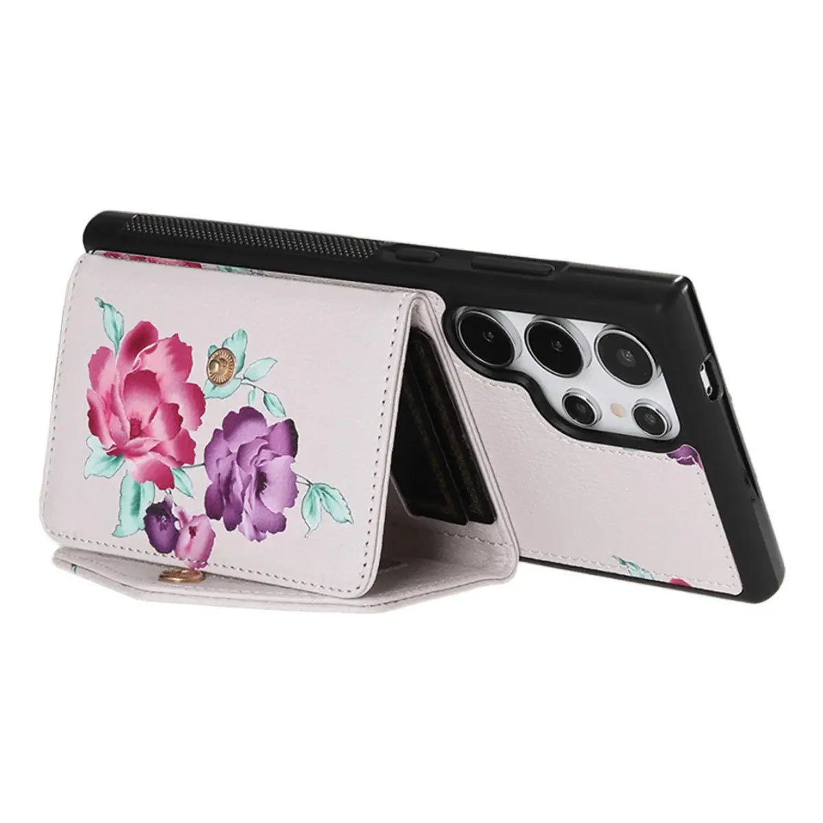 Buy Floral Wallet Case for Galaxy phone: RFID Blocking, Makeup Mirror, Card Holder & Crossbody Strap - Linden at Caseles-Samsung Galaxy S26 Ultra, Black