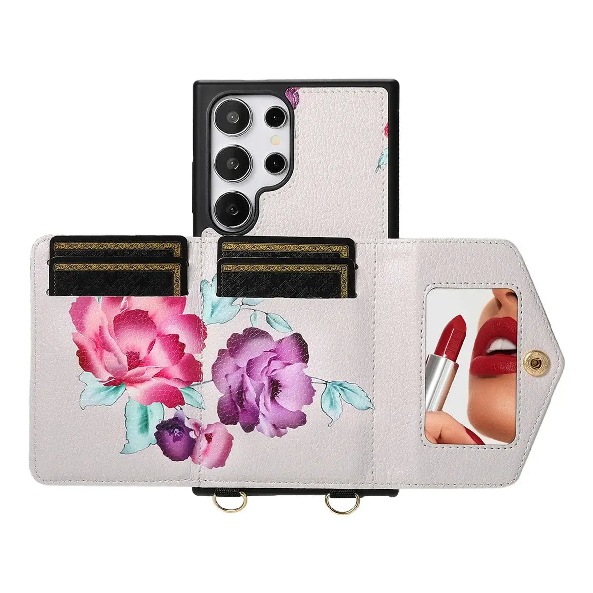 Buy Floral Wallet Case for Galaxy phone: RFID Blocking, Makeup Mirror, Card Holder & Crossbody Strap - Linden at Caseles-Samsung Galaxy S26 Ultra, Black