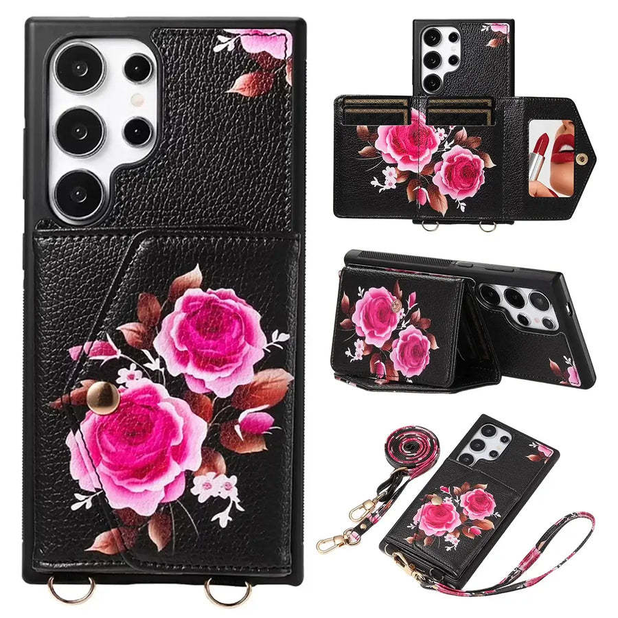 Buy Floral Wallet Case for Galaxy phone: RFID Blocking, Makeup Mirror, Card Holder & Crossbody Strap - Linden at Caseles-Samsung Galaxy S26 Ultra, Black