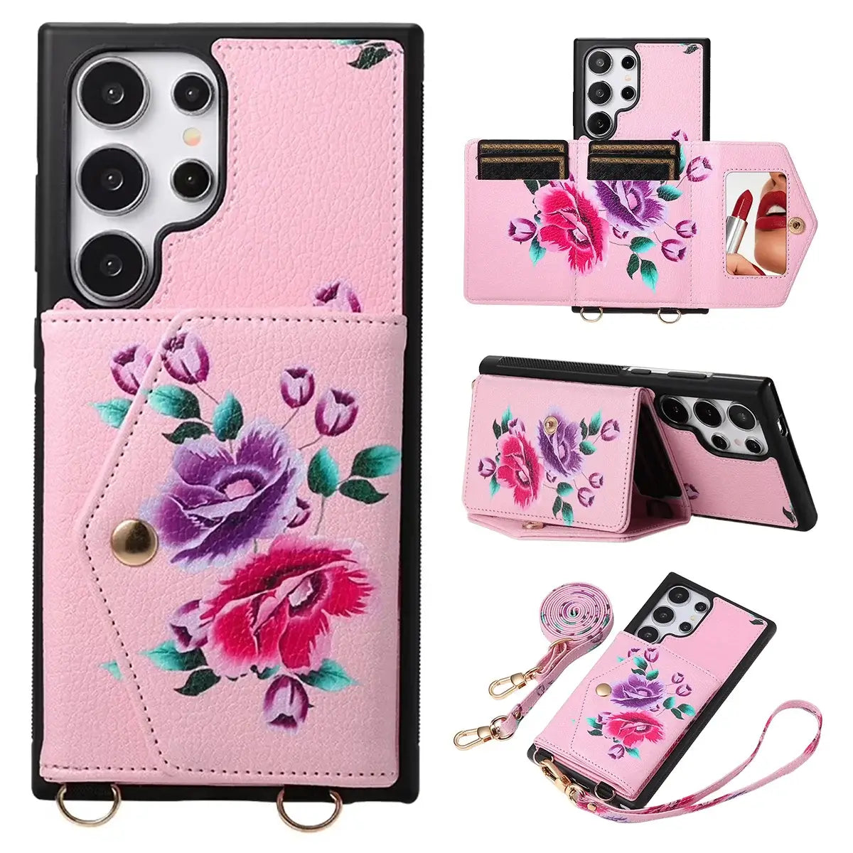 Buy Floral Wallet Case for Galaxy phone: RFID Blocking, Makeup Mirror, Card Holder & Crossbody Strap - Linden at Caseles-Samsung Galaxy S26 Ultra, Pink