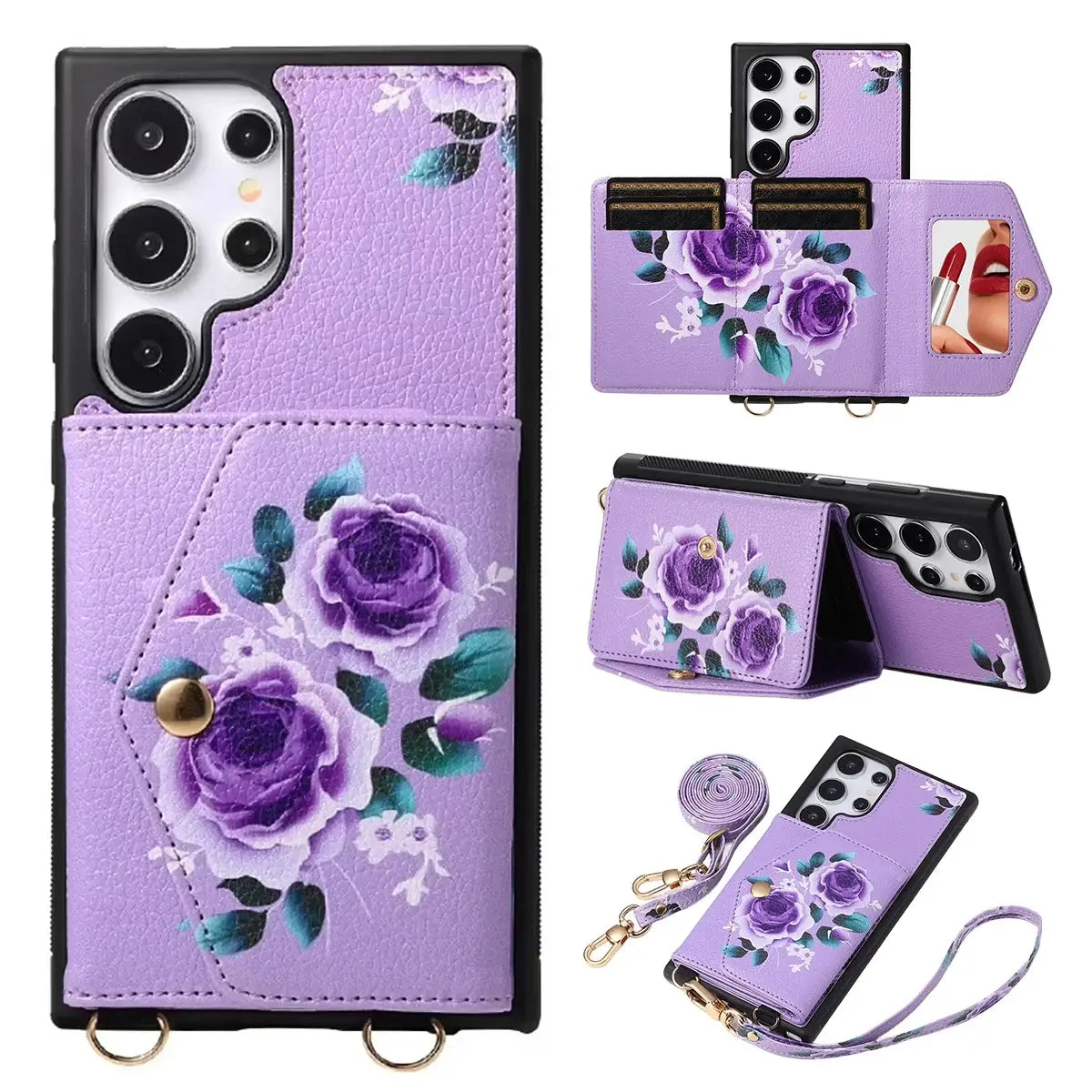 Buy Floral Wallet Case for Galaxy phone: RFID Blocking, Makeup Mirror, Card Holder & Crossbody Strap - Linden at Caseles-Samsung Galaxy S26 Ultra, Purple