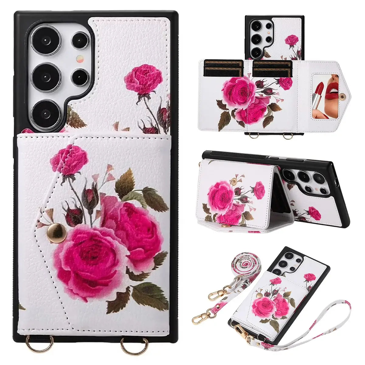 Buy Floral Wallet Case for Galaxy phone: RFID Blocking, Makeup Mirror, Card Holder & Crossbody Strap - Linden at Caseles-Samsung Galaxy S26 Ultra, White